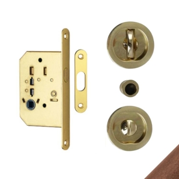 Kit serratura tondo K1200 Valli & Valli per porta scorrevole, chiavistello e bottone con serratura 50 mm, finitura Ottone Brunito