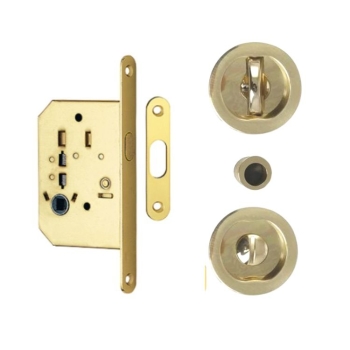 Kit serratura tondo K1200 Valli & Valli per porta scorrevole, chiavistello e bottone con serratura 50 mm, finitura Ottone Satinato