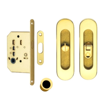 Kit serratura ovale K1204 Valli & Valli per porta scorrevole, chiavistello e bottone con serratura 50 mm, finitura Ottone Satinato