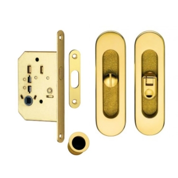 Kit serratura ovale K1204 Valli & Valli per porta scorrevole, chiavistello e bottone con serratura 50 mm, finitura Ottone Lucido