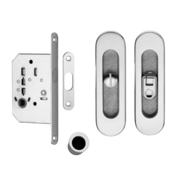 Kit serratura ovale K1204 Valli & Valli per porta scorrevole, chiavistello e bottone con serratura 50 mm, finitura Cromato Satinato