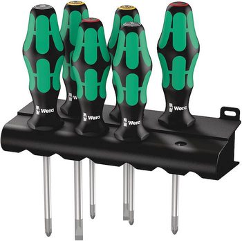 Assortimento Giravite Kraftform Plus Lasertip 335/350/355/6 Wera, per officina e meccanica, con supporto, colore Cromo-Nichel Opaco