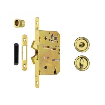 Kit A con serratura Scivola TT AGB, pomolo/bottone, spessore porta 40-48 mm, colore ottonato verniciato