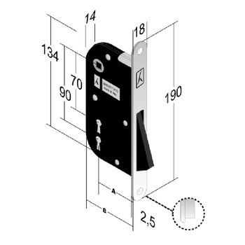Serratura magnetica B-One 900 Bonaiti per porta, foro Patent, interasse 90 mm, frontale 190x18 mm, finitura Cromato Satinato
