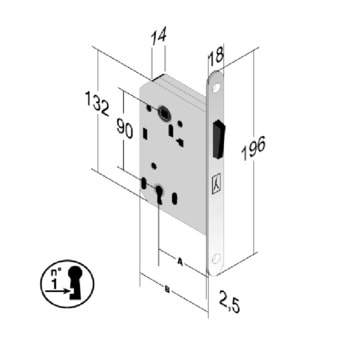 Serratura magnetica B-Twin 350 Bonaiti per porta, foro Patent, interasse 90 mm, frontale 196x18 mm, finitura Ottonato Lucido