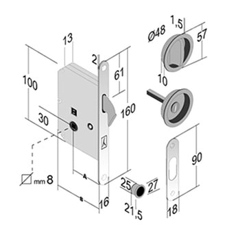Kit serratura tondo Bon8 per porta scorrevole, entrata 50 mm, nottolino + maniglia trascinamento diametro 48 mm, finitur [...]