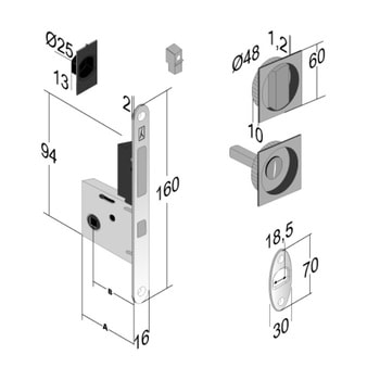 Kit Ad-Point quadro con serratura per porta WC scorrevole, entrata 50 mm, colore Nero