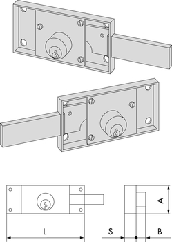Coppia serrature meccaniche da applicare a cilindro Cisa, per serranda, chiusura laterale, larghezza esterna 155 mm, altezza esterna 55 mm, entrata 78 mm