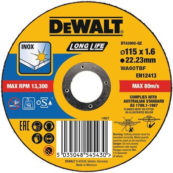 Disco abrasivo per taglio acciaio inox DeWalt per smerigliatrice, diametro 115 mm, spessore 1,6 mm