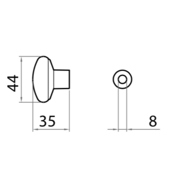 Pomolo Milena Ghidini per cilindro con codolo, dimensione 44x35 mm, foro tondo 8 mm, senza rosetta, Ottone finitura Cromo Satinato