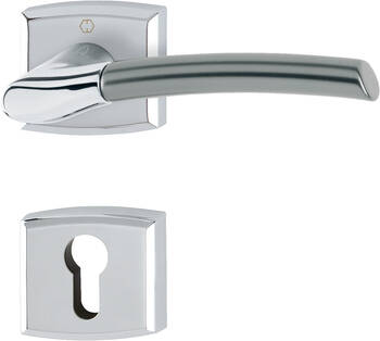 Maniglia per porte interne Hoppe serie Bergen, con rosetta e bocchetta quadrate, per serrature foro Yale, in Ottone, finitura Cromo Lucido/Alluminio Titanio