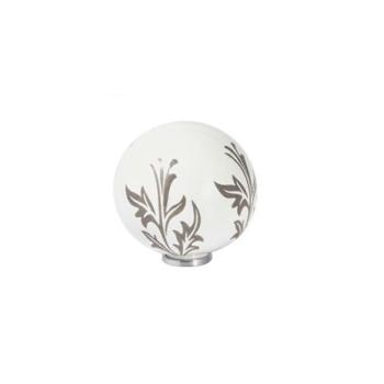 Pomello per mobile a sfera in Ceramica, pomolo serie BUBBLE LEAF, colore Bianco e decoro foglie Grigio, Ø 70 mm