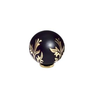 Pomello per mobile a sfera in Ceramica, pomolo serie BUBBLE LEAF, colore Nero e decoro foglie Oro, Ø 70 mm
