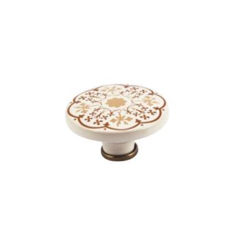 Pomello per mobile rotondo, pomolo serie Hoop Fiorita in Ceramica, colore Avorio e decoro Senape, dimensioni 70 x 39 mm