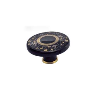 Pomello per mobile rotondo, pomolo serie Hoop Baroque in Ceramica, colore Nero Opaco e decoro Oro, dimensioni 70 x 39 mm