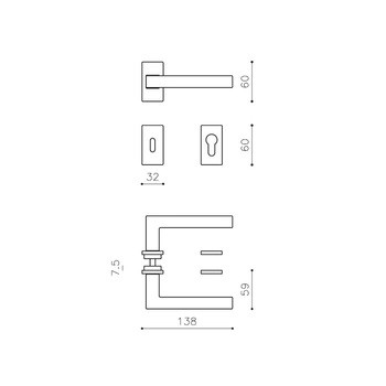 Maniglia per porta serie ABC Olivari, con rosetta e bocchetta rettangolare, foro Patent, finitura SuperInox Satinato