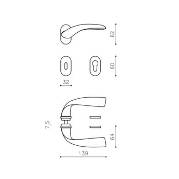 Maniglia per porta serie VOLA Olivari, con rosetta e bocchetta foro Patent, finitura SuperNichel Satinato