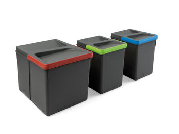 Contenitori Recycle Emuca in plastica, 1x12 L + 2x6 L, altezza 216 mm, modulo da 450/ 500/ 600/ 700, finitura Grigio Antracite