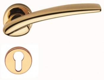 Maniglia per porta Valli e Valli H 1027 serie Dafne, con rosetta e bocchetta tonda, foro Yale, finitura Oro Lucido