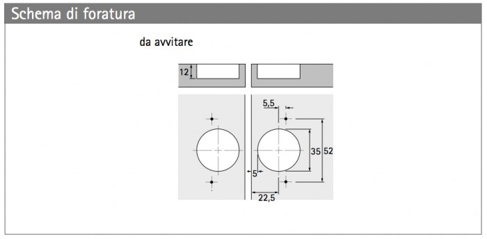 Cerniera per ante a libro registrabile, Hettich con doppio foro 35 mm.