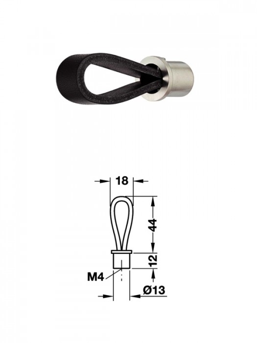 Musure: 18 x 44 mm. Maniglia per mobile Hafele. Finitura: maniglia cuoio nero.  Supporto: Acciaio inox opaco e AISI 303.